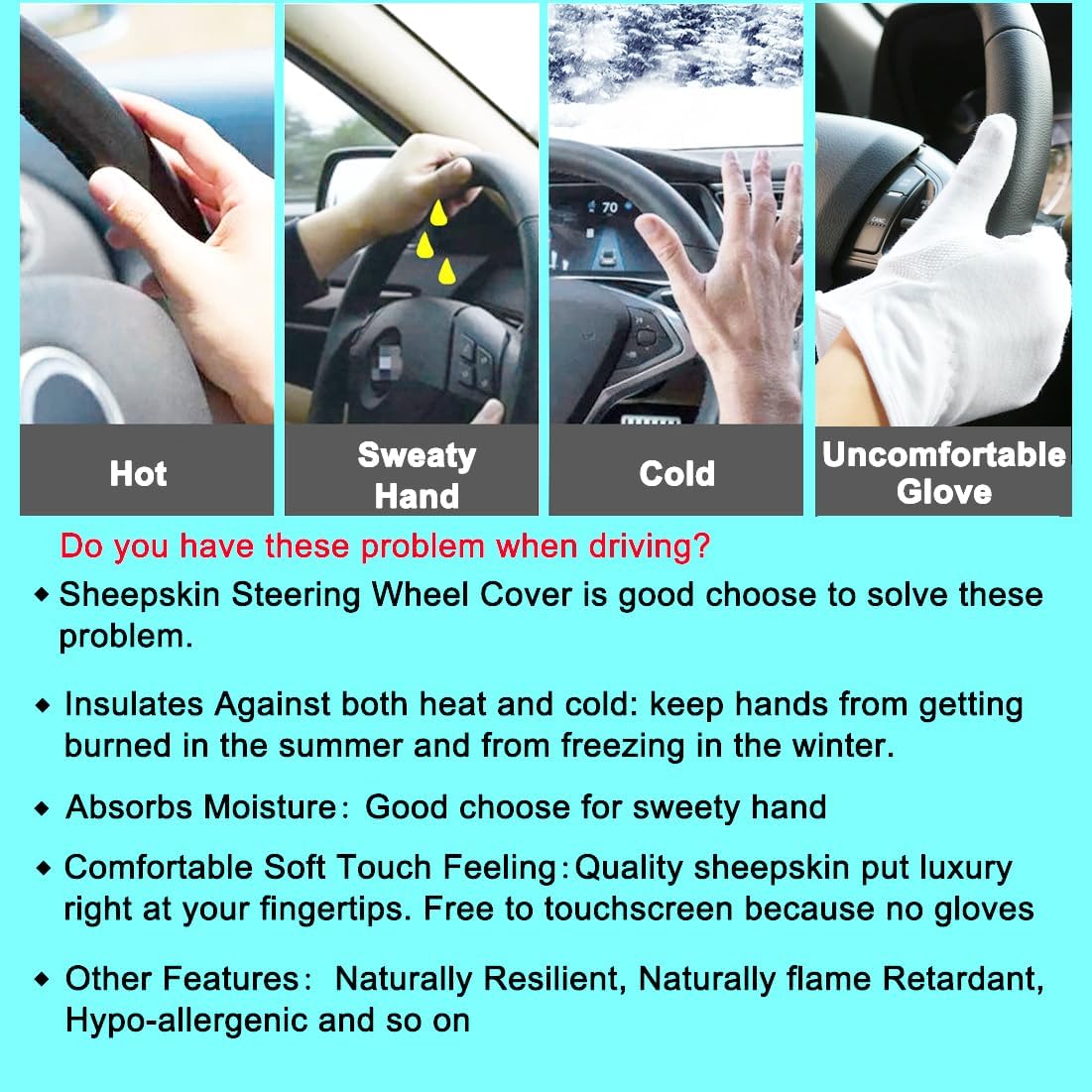 Black Fuzzy Sheepskin Car Steering Wheel Cover for Women | Soft Wool Girly