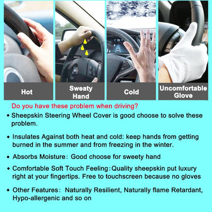 Black Fuzzy Sheepskin Car Steering Wheel Cover for Women | Soft Wool Girly