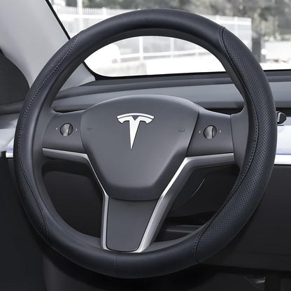 Ouzorp Nappa Leather Steering Wheel Cover for Tesla Model 3 2016-2025 Highland and Model Y 2020-2026 Juniper with Anti-Slip & Breathable Surface-Black