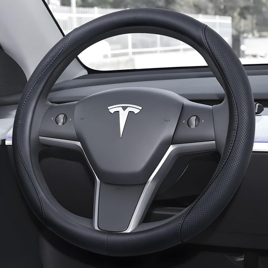 Ouzorp Nappa Leather Steering Wheel Cover for Tesla Model 3 2016-2025 Highland and Model Y 2020-2026 Juniper with Anti-Slip & Breathable Surface-Black