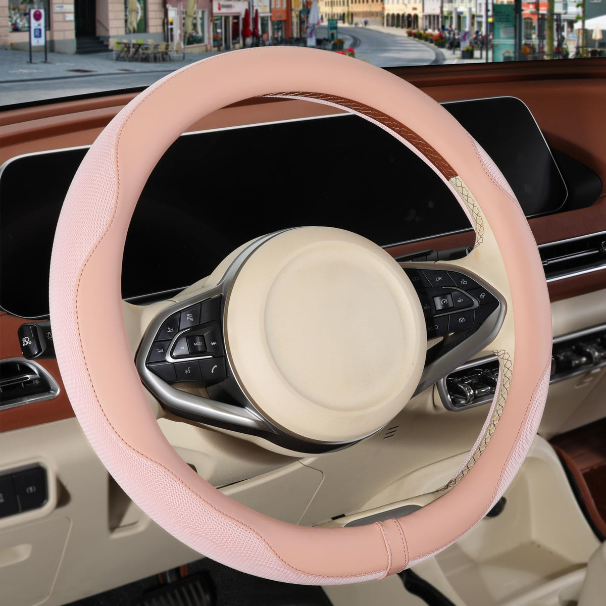 Nappa Leather Ice Silk Fabric Pink Steering Wheel Cover Women