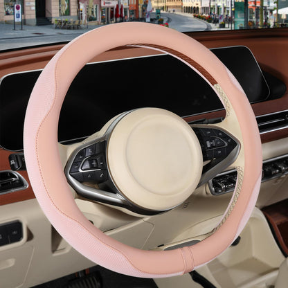Nappa Leather Ice Silk Fabric Pink Steering Wheel Cover Women