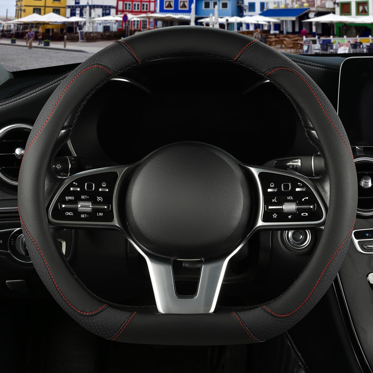 Black Orange Microfiber Leather Steering Wheel Cover 15 inch