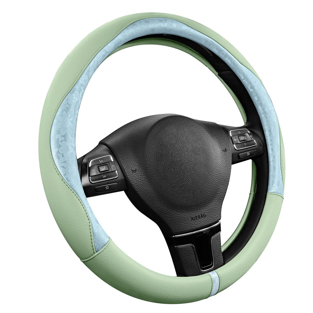 PIC AUTO Steering Wheel Cover, Green Patterned Leather Patchwork Design, Universal Fit 14.5"–15.5", Anti-Slip, Odor-Free, Soft PU Grain Leather, Durable Grip Car Accessory for Girls & Women