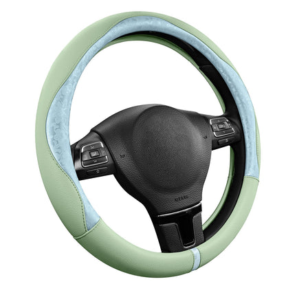 PIC AUTO Steering Wheel Cover, Green Patterned Leather Patchwork Design, Universal Fit 14.5"–15.5", Anti-Slip, Odor-Free, Soft PU Grain Leather, Durable Grip Car Accessory for Girls & Women
