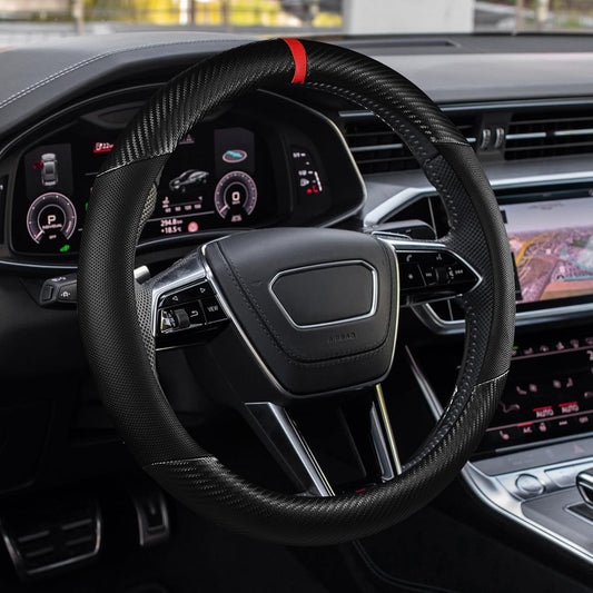 Car Steering Wheel Cover, Steering Wheel Accessories, 15 Inch Microfiber Leather Carbon Fiber Soft Anti-Slip Breathable, Car Accessories Elastic Non-Slip Cover for Most Vehicles