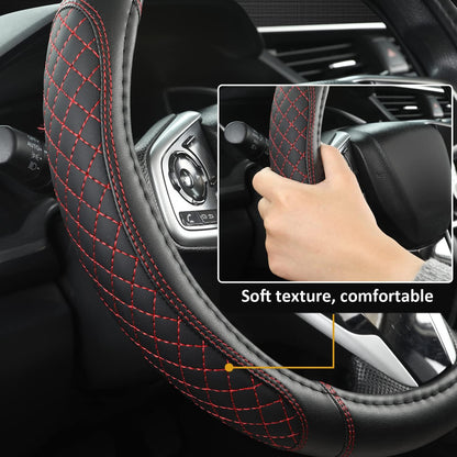 West Llama Customized Auto Car Steering Wheel Cover for Dodge RAM 1500 2500 3500, 15.5-16 inch (Diamond Quilted-Black+Red-Large Size)