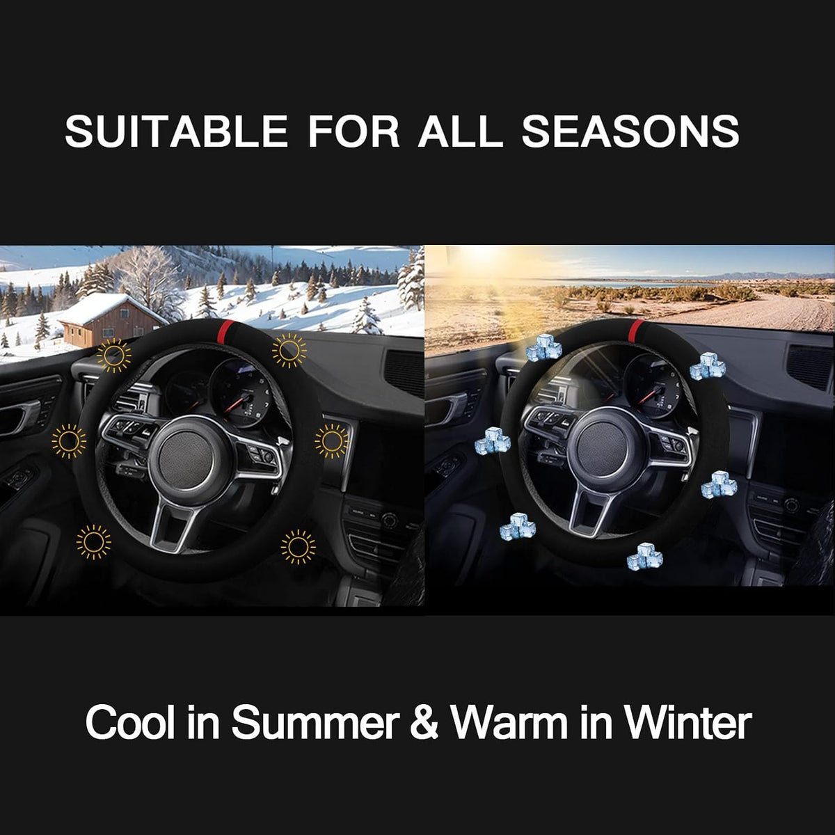 Suede Steering Wheel Cover with Upgraded Silicone Inner Ring, Breathable, Anti-Slip, Leather Universal 14.5 to 15 Inch Steering Wheel Cover (Black with Red Mark)