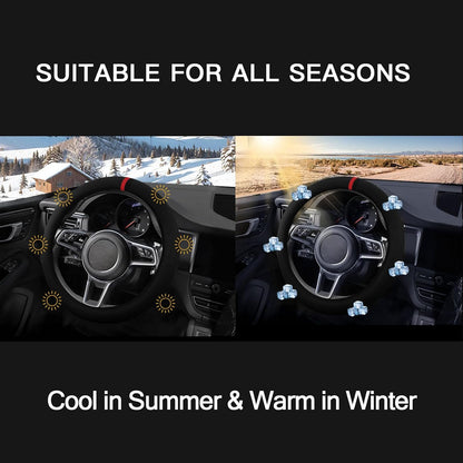 Suede Steering Wheel Cover with Upgraded Silicone Inner Ring, Breathable, Anti-Slip, Leather Universal 14.5 to 15 Inch Steering Wheel Cover (Black with Red Mark)