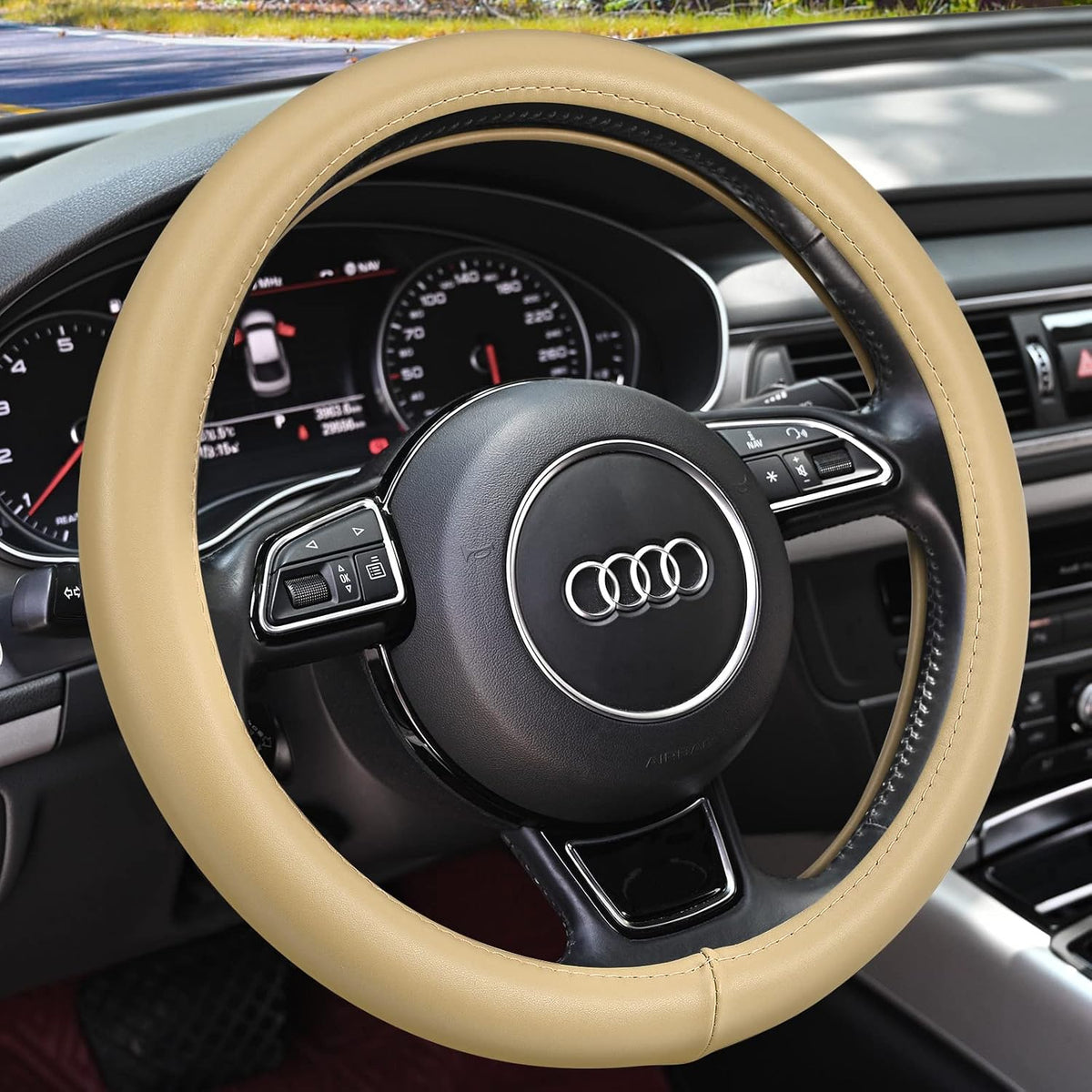 Haokay Heavy Duty Pure Cowhide Steering Wheel Cover, Black Genuine Leather Steering Wheel Cover Men Women Universal 14.5 to 15 Inch