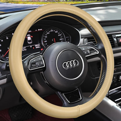 Haokay Heavy Duty Pure Cowhide Steering Wheel Cover, Black Genuine Leather Steering Wheel Cover Men Women Universal 14.5 to 15 Inch