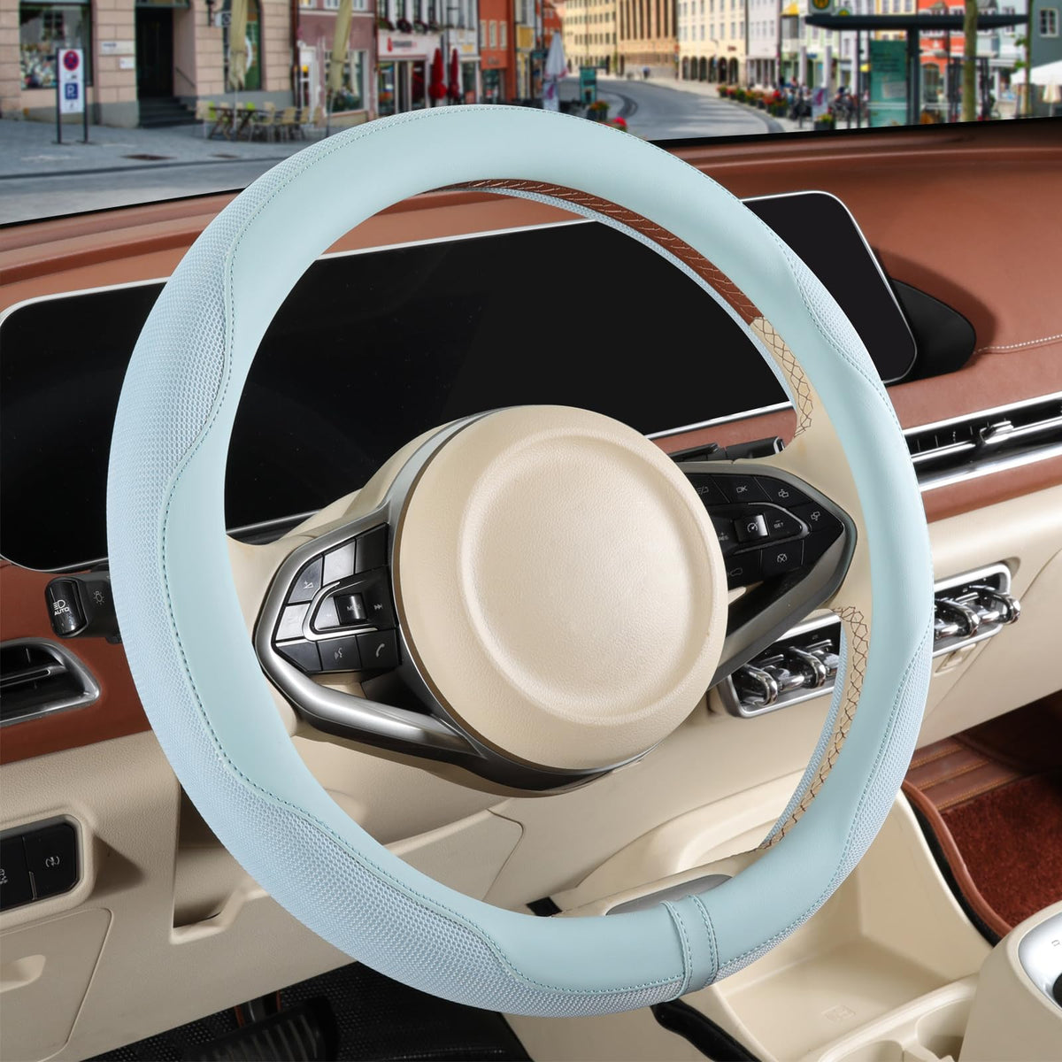 Nappa Leather Ice Silk Fabric Pink Steering Wheel Cover Women