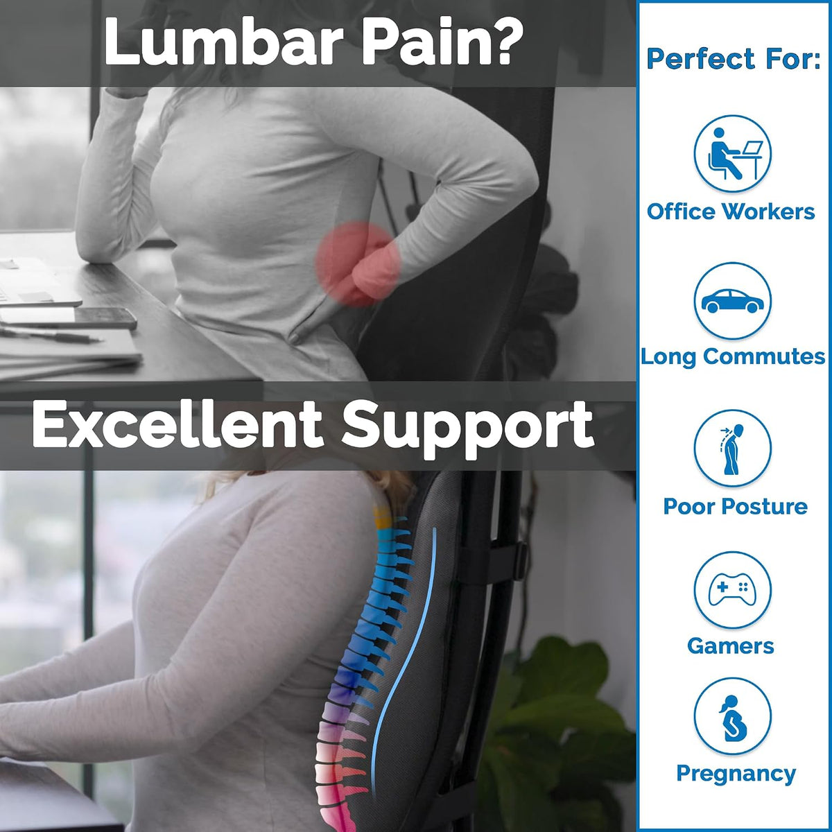 ComfiLife Lumbar Support Pillow for Office Chair – Premium Memory Foam Lumbar Pillow – Back Support for Office Chair, Car – Back Pain Relief, Improves Posture – 3 Adjustable Straps, Mesh + Leatherette