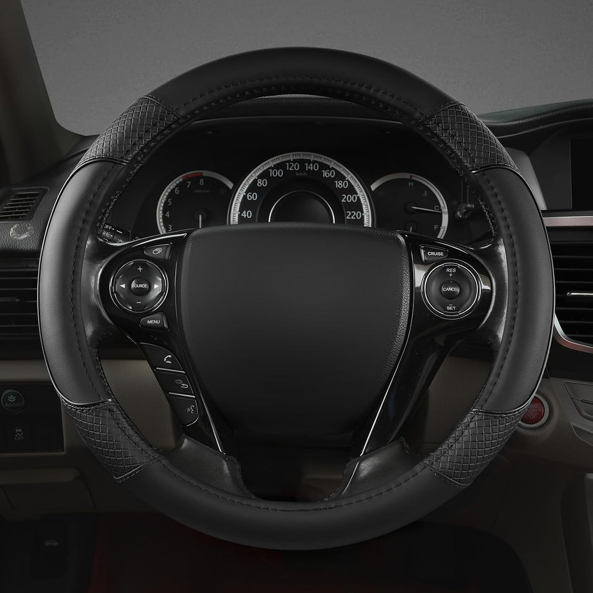 GIANT PANDA Microfiber Leather Steering Wheel Cover for Honda Accord,Civic,CR-V,HR-V,Pilot(Diamond-Pattern-Black-Standard Size)