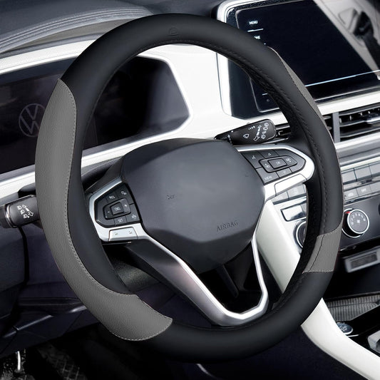 Coverado Car Steering Wheel Cover, Nappa Leather Black & Gray Steering Wheel Covers, Universal 14-15 inch, Anti-Slip, Breathable Steering Wheel Protector for Women Men