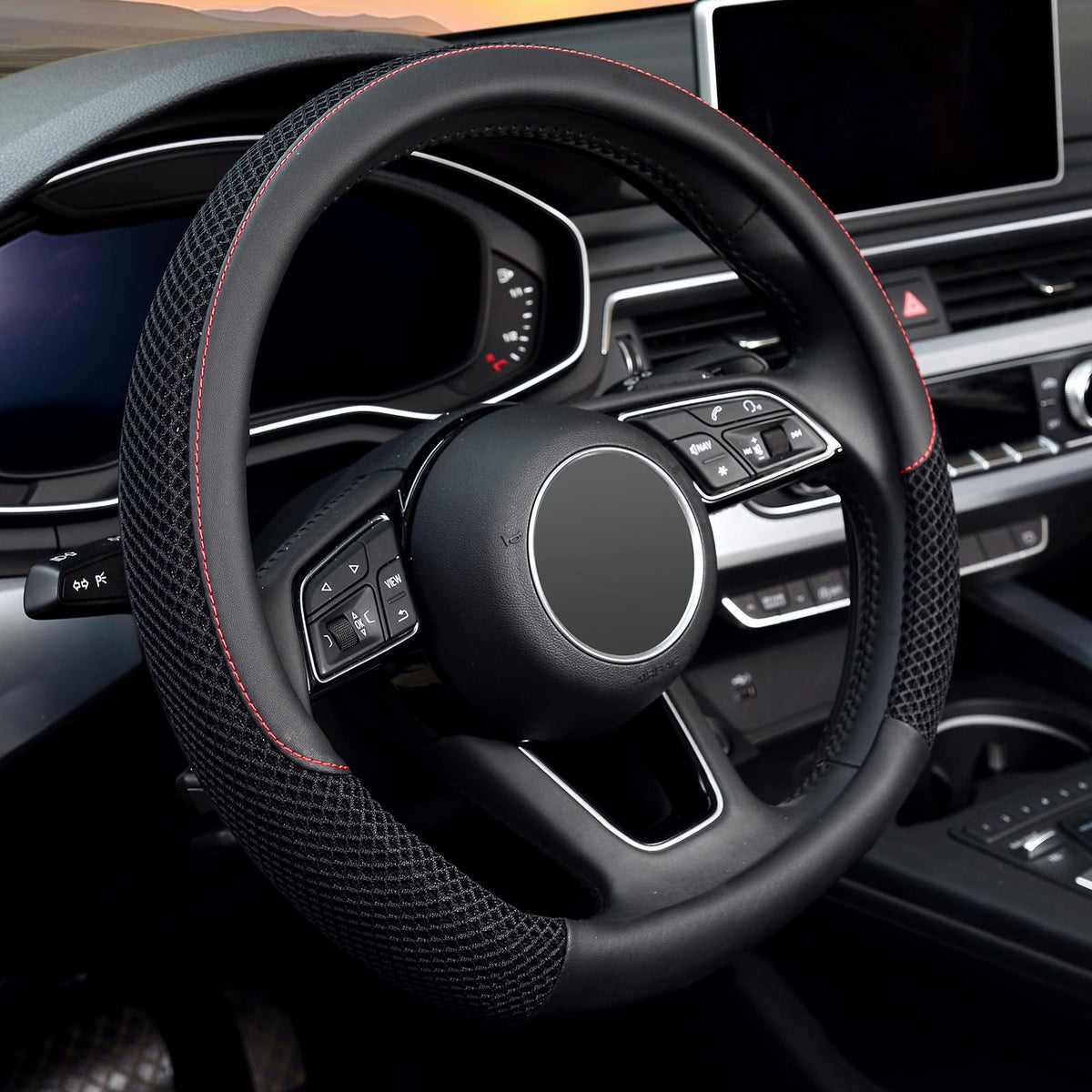 KAFEEK Steering Wheel Cover, Cooling Ice Silk Leather, 15 Inch, Black