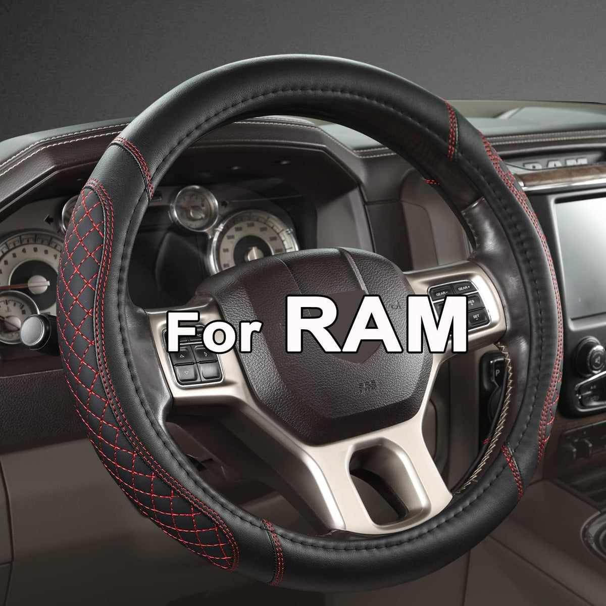 West Llama Customized Auto Car Steering Wheel Cover for Dodge RAM 1500 2500 3500, 15.5-16 inch (Diamond Quilted-Black+Red-Large Size)