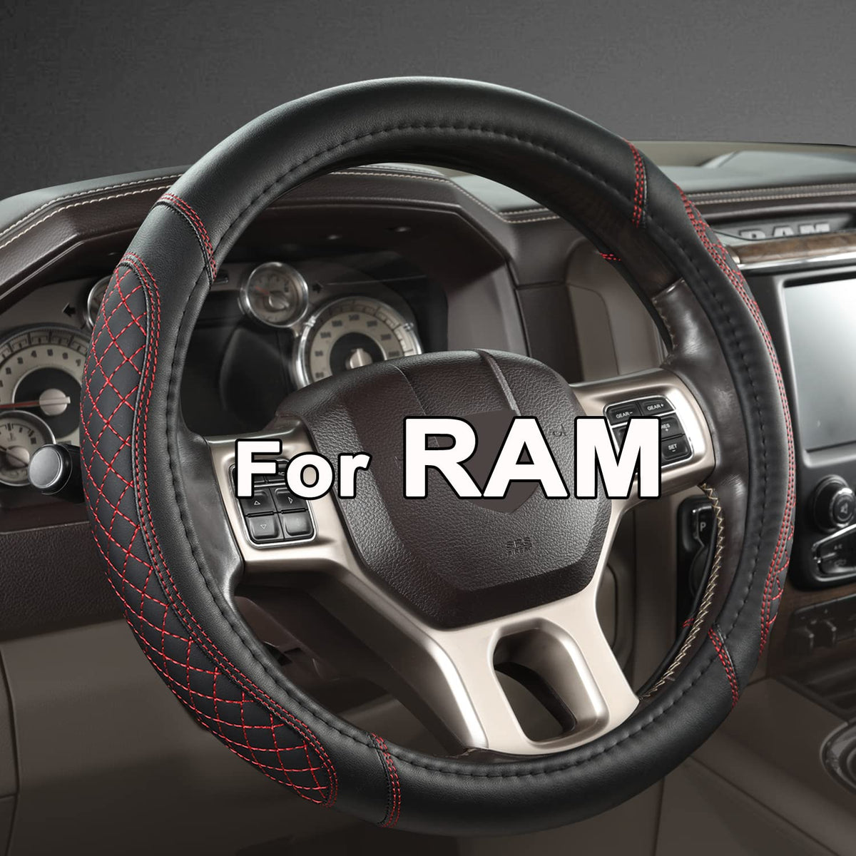 West Llama Customized Auto Car Steering Wheel Cover for Dodge RAM 1500 2500 3500, 15.5-16 inch (Diamond Quilted-Black+Red-Large Size)