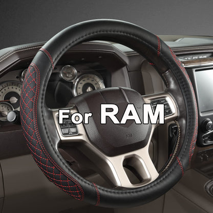 West Llama Customized Auto Car Steering Wheel Cover for Dodge RAM 1500 2500 3500, 15.5-16 inch (Diamond Quilted-Black+Red-Large Size)