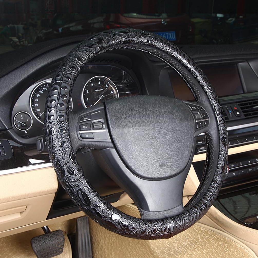 Leather Auto Car Steering Wheel Cover,Anti Slip Universal 15 Inch,Brown Crocodile with Rose Grain