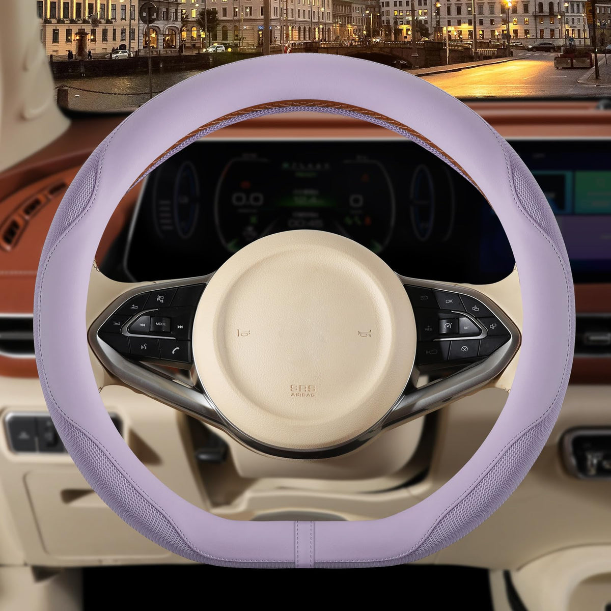 Nappa Leather Ice Silk Fabric Pink Steering Wheel Cover Women