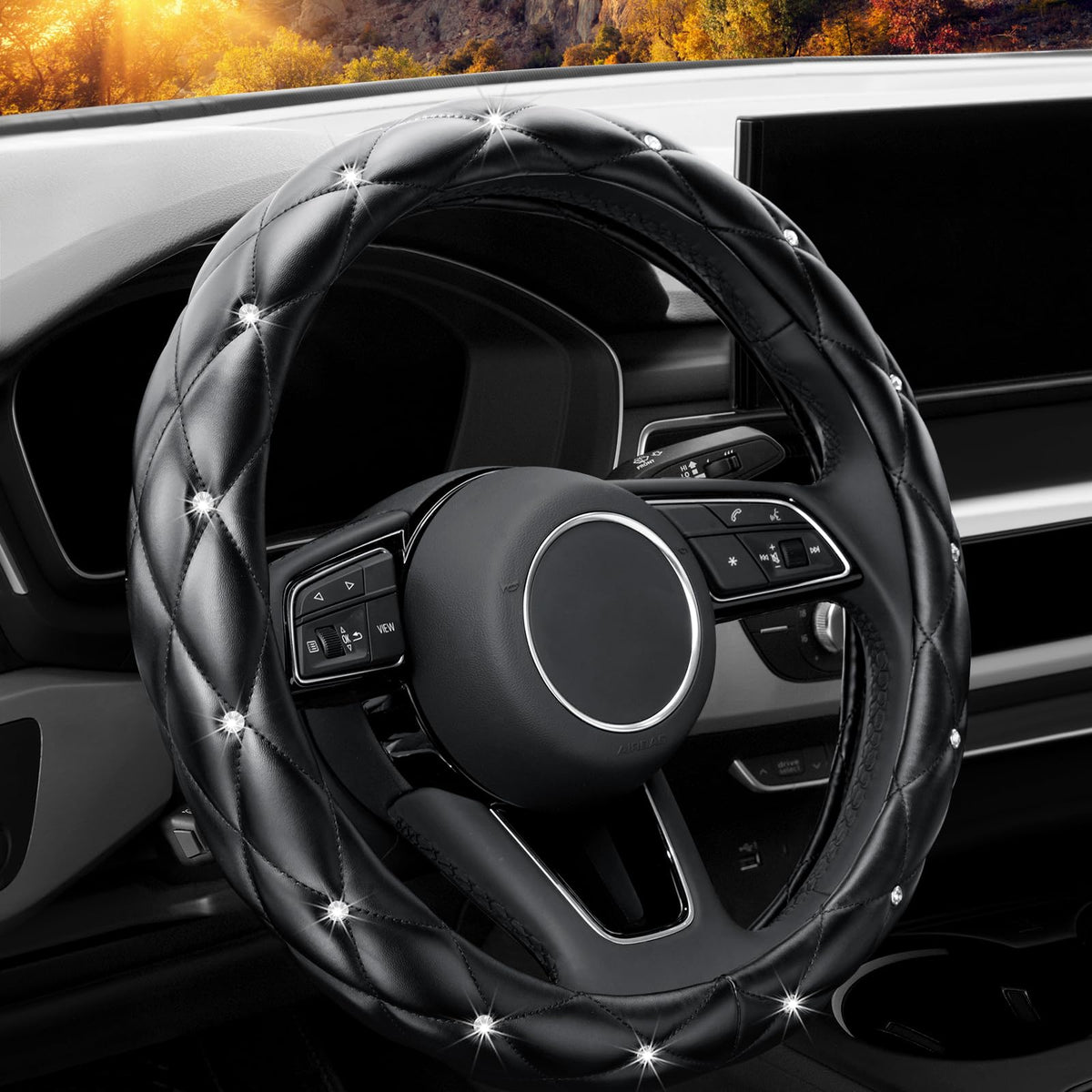 YOGURTCK Diamond Soft Leather Anti-Slip Steering Wheel Cover with Bling Bling Crystal Rhinestones, Universal 15 Inch for Women Girls, Fit Vehicles, Sedans, SUVs, Vans, Trucks - Black