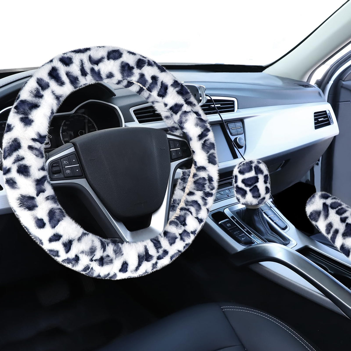 Accmor Fuzzy Car Steering Wheel Cover, Universal Fit Fur Auto Wheel Cover & Handbrake Cover & Gear Shift Cover Set, Leopard Warm Fluffy Vehicle Wheel Protector Car Accessories for Men Women (Brown)