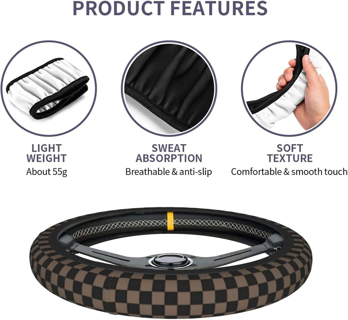 Checkered Black Brown Steering Wheel Cover 15 Inch Car + 2 pc Car Coasters