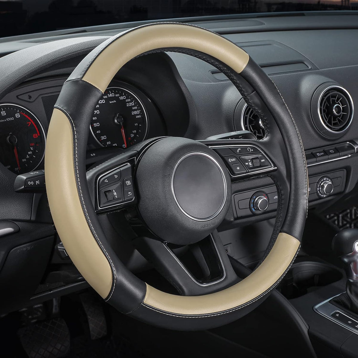 SEG Direct Steering Wheel Cover 14.5-15 inch Heavy-Duty, Black and Beige