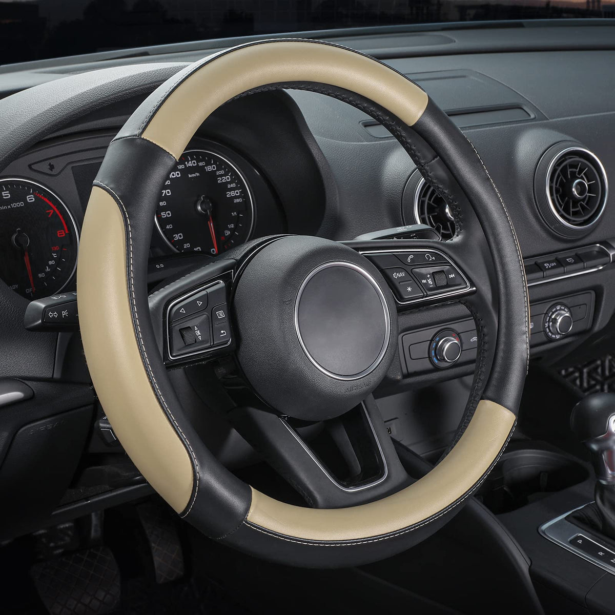 SEG Direct Steering Wheel Cover 14.5-15 inch Heavy-Duty, Black and Beige