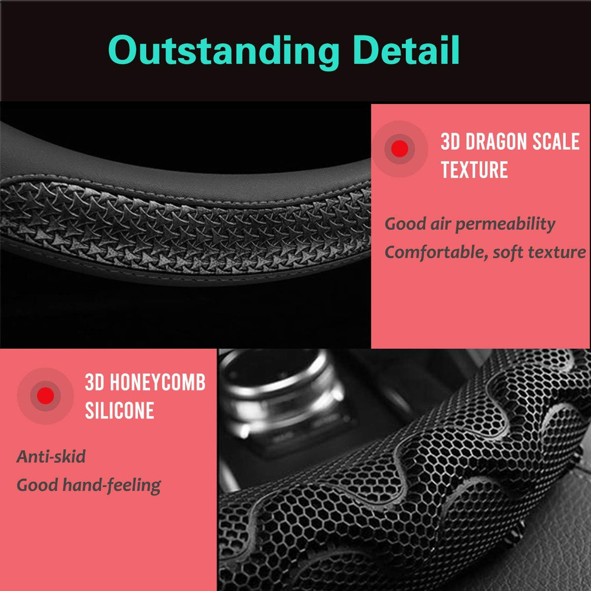 PINCTROT Steering Wheel Cover Great Grip Honeycomb Design 15 Inch All Black