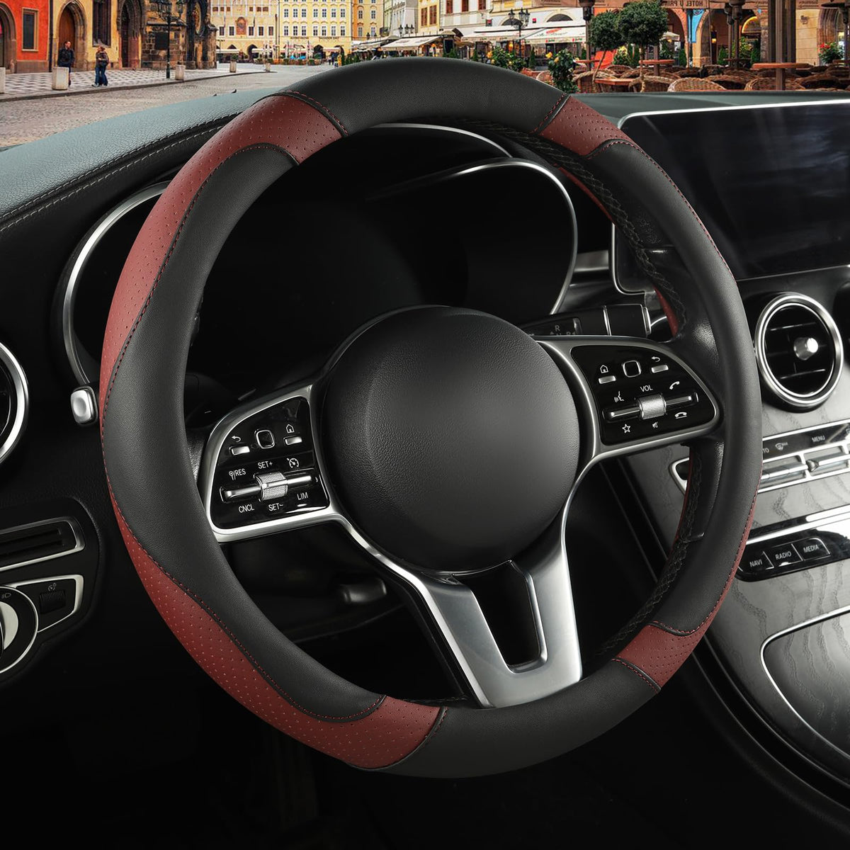 Black Orange Microfiber Leather Steering Wheel Cover 15 inch
