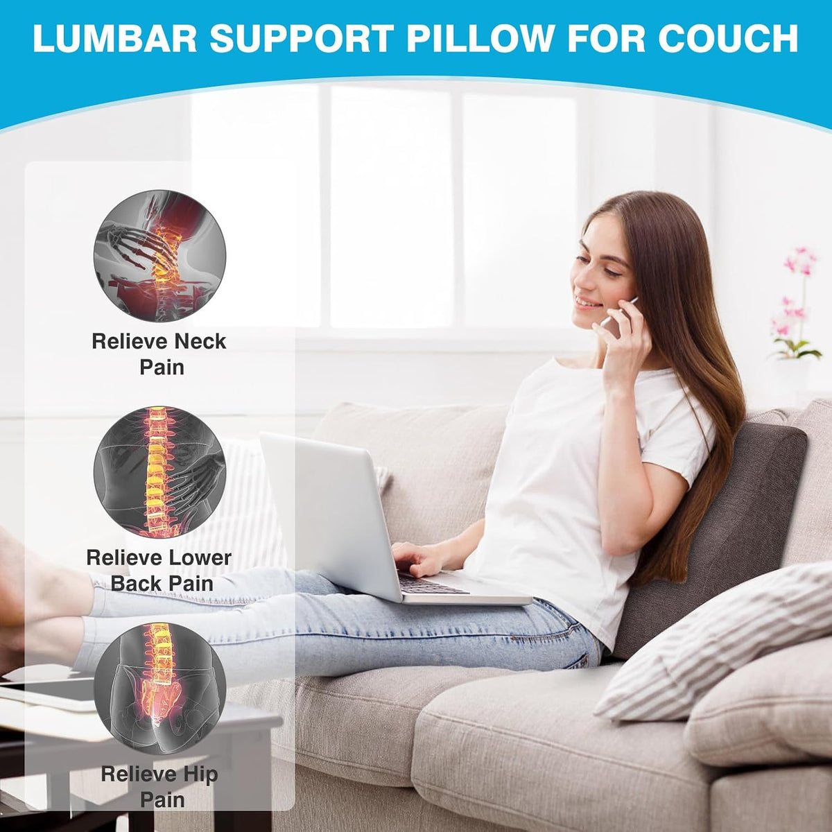 Back Support Pillow for Recliner Dual Layer Lumbar Support Pillow with Gel Memory Foam Ergonomic Orthopedic Couch Lumbar Cushions for Elderly Lower Back Pain Relief Washable Cover Brown