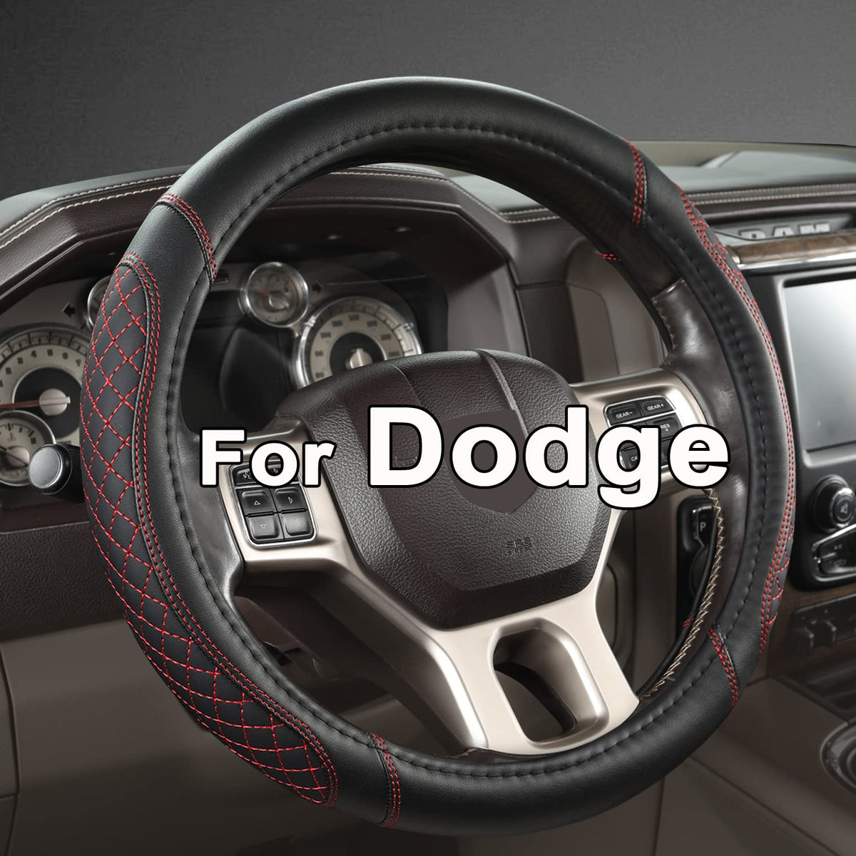 West Llama Customized Auto Car Steering Wheel Cover for Dodge RAM 1500 2500 3500, 15.5-16 inch (Diamond Quilted-Black+Red-Large Size)