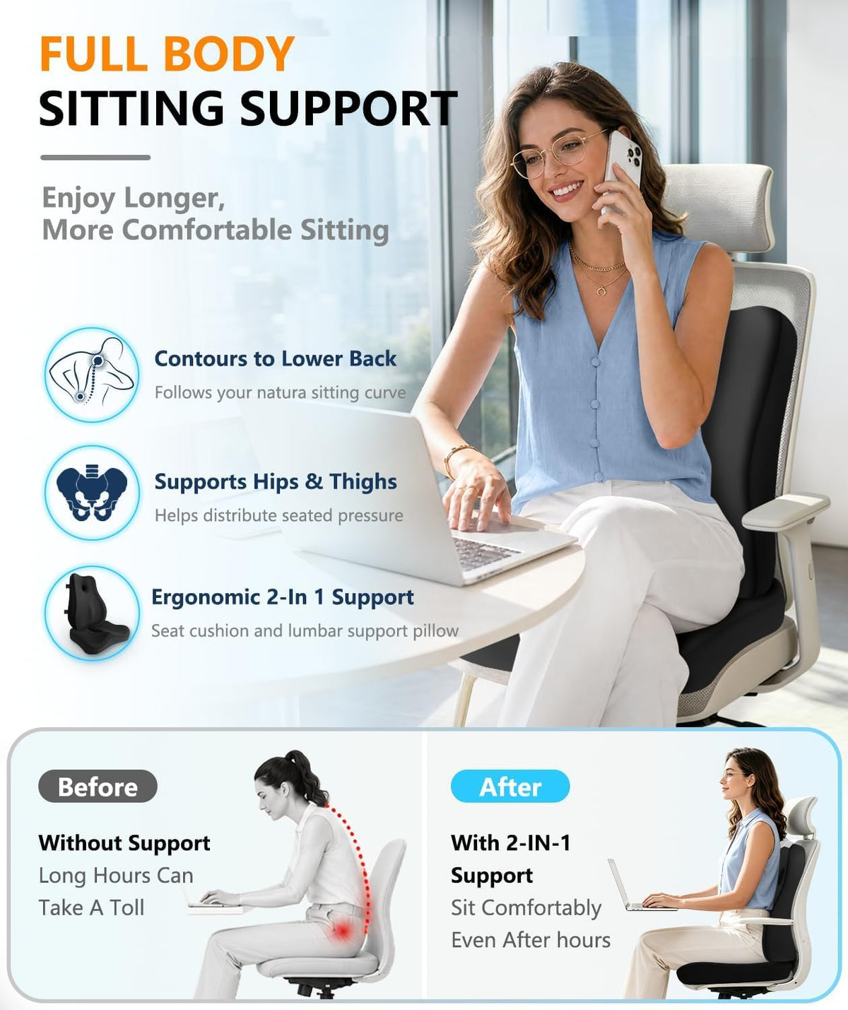 Lumbar Support Pillow & Seat Cushion for Office Chair, Memory Foam Office Chair Cushion for Tailbone Pain Relief and Lower Back Support, Ergonomic Desk Chair Cushion for Gaming,Wheelchair,Home