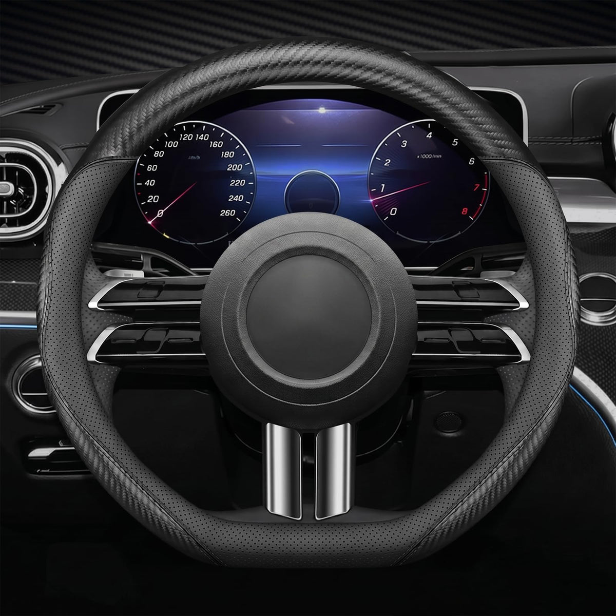 Microfiber Leather Steering Wheel Cover, Round Carbon Fiber Black Wire Trim, Leather Cover with Anti-Slip Lining, Universal 14.5"-15" Auto Accessory (Black)