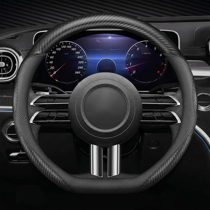 Microfiber Leather Steering Wheel Cover, Round Carbon Fiber Black Wire Trim, Leather Cover with Anti-Slip Lining, Universal 14.5"-15" Auto Accessory (Black)