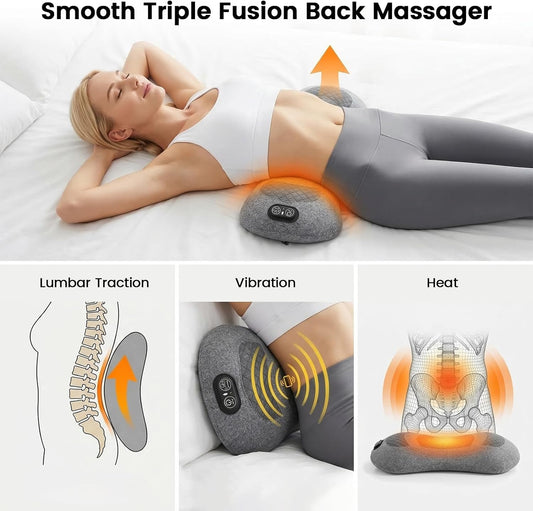 Upgraded 3 in 1 Cordless Electric Lumbar Support Pillow, Triple Fusion Back Massager with Heat & Vibration & Traction, Lower Back Massager, Ideal for Car/Bed/Office Chair/Travel, Gift for Relaxation