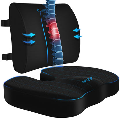 CushZone Seat Cushion and Lumbar Support Pillow for Office Chair, Black