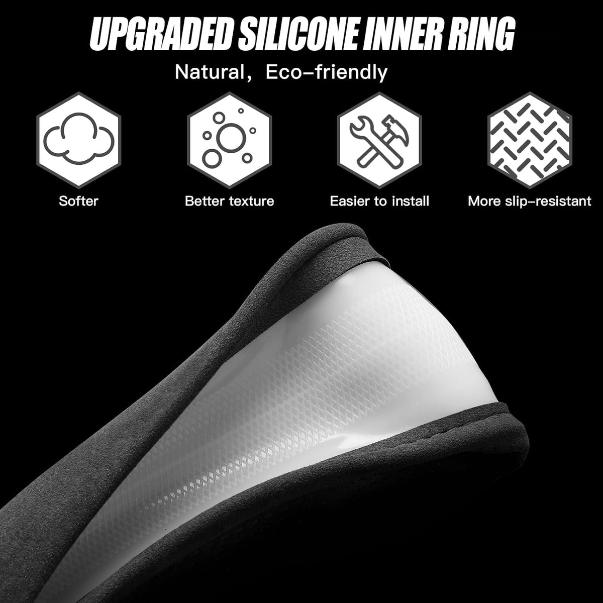 Suede Steering Wheel Cover with Upgraded Silicone Inner Ring, Breathable, Anti-Slip, Leather Universal 14.5 to 15 Inch Steering Wheel Cover (Black with Red Mark)