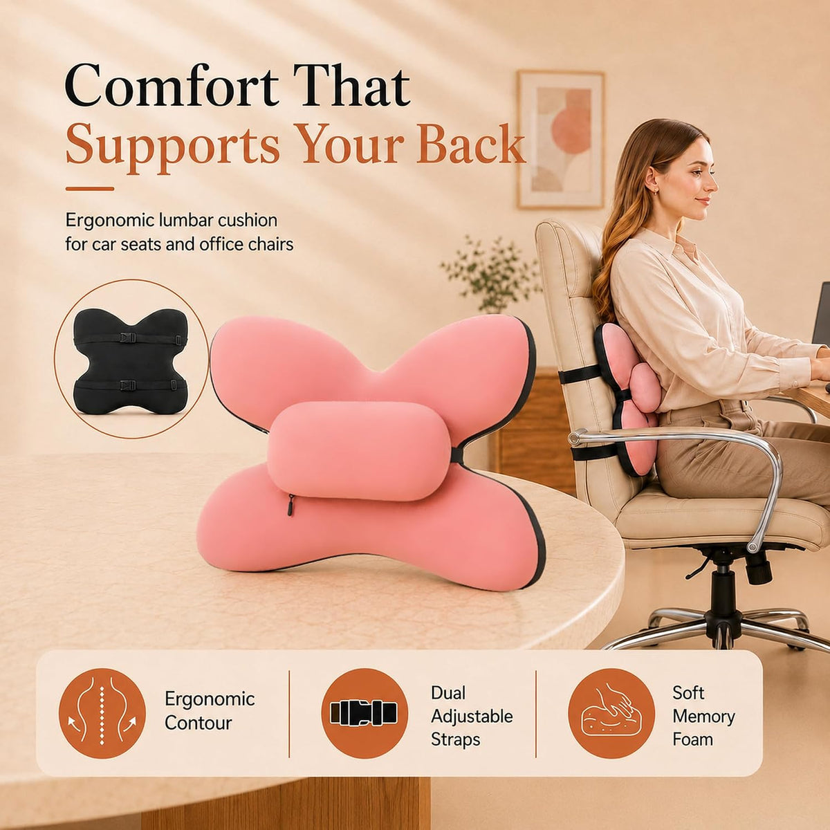 Lumbar Support Pillow for Office Chair & Car, Desk Chair Back Cushion,,Pink