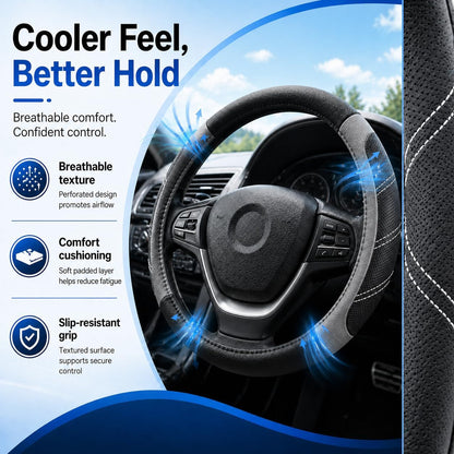 Elantrip Steering Wheel Cover for 14.5" to 15" Wheels, Soft Padded Grip with Anti-Slip Inner Lining, Breathable Comfort for Daily Driving, Easy Stretch Fit for Cars, SUVs and Trucks, Black/Gray