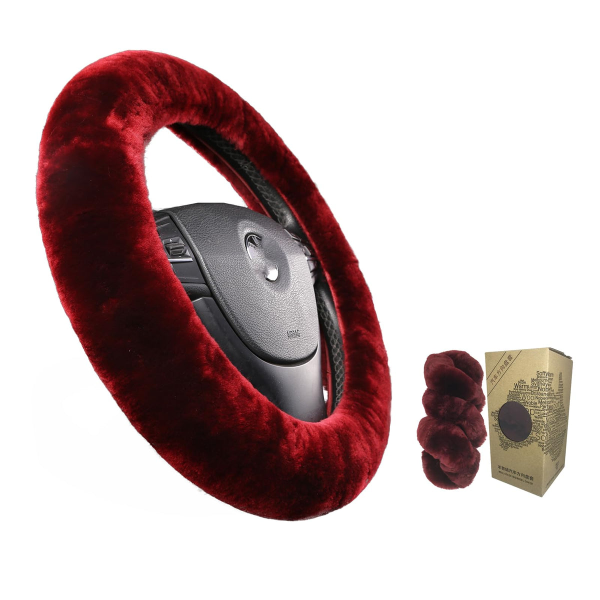 Black Fuzzy Sheepskin Car Steering Wheel Cover for Women | Soft Wool Girly