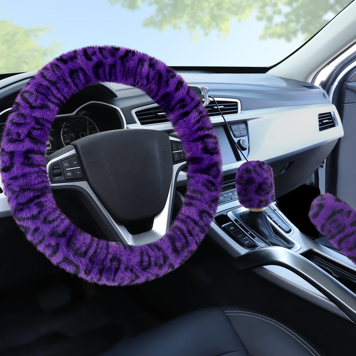 Accmor Fuzzy Car Steering Wheel Cover, Universal Fit Fur Auto Wheel Cover & Handbrake Cover & Gear Shift Cover Set, Leopard Warm Fluffy Vehicle Wheel Protector Car Accessories for Men Women (Brown)