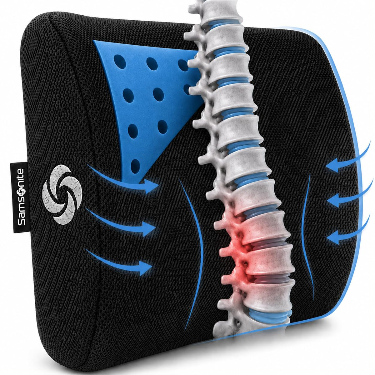 Samsonite Lumbar Support Pillow for Office Chair, Lower Back Support for Car, Back Pillow Desk Chair Cushion with Memory Foam, Improved Posture Backrest