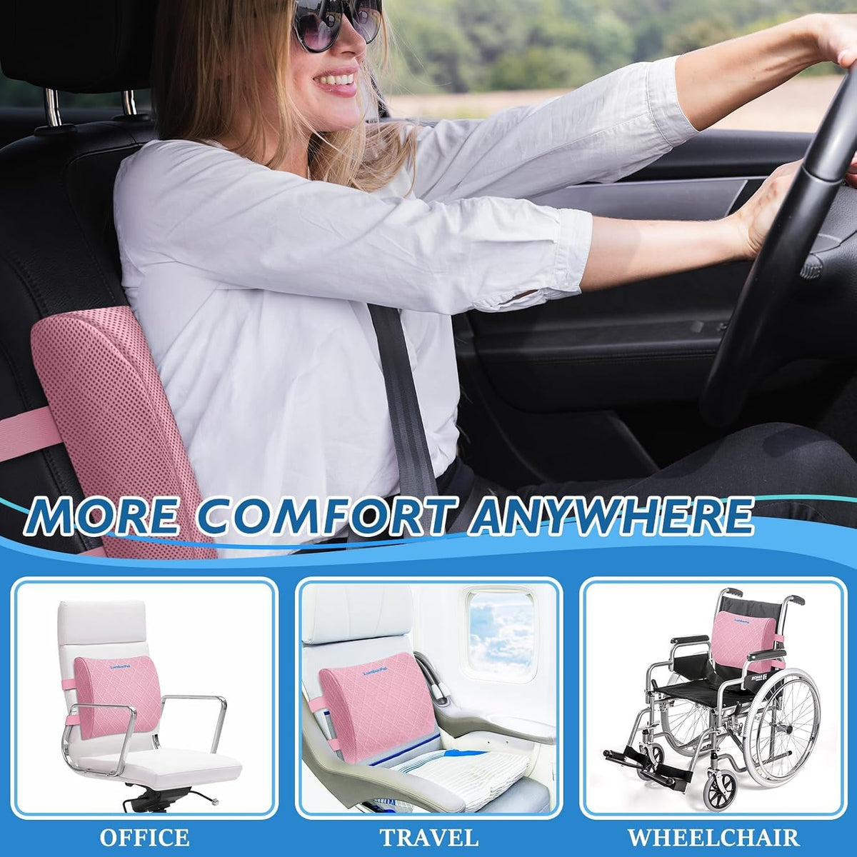 Lumbar Support Pillow for Office Chair, Back Support, Memory Foam, Pink