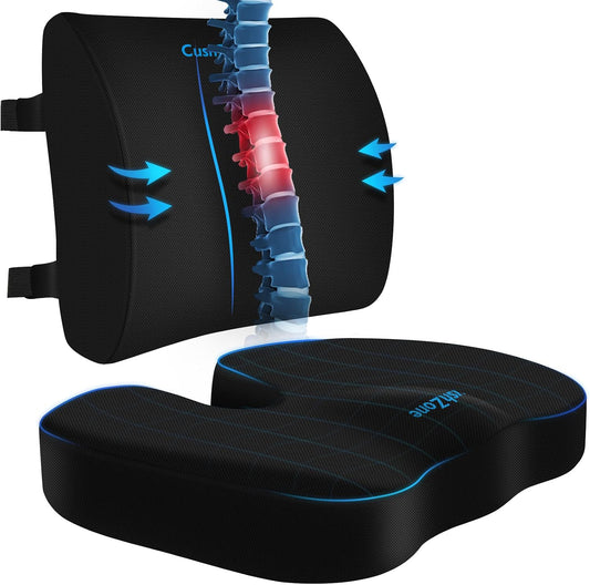 CushZone Seat Cushion and Lumbar Support Pillow for Office Chair, Black