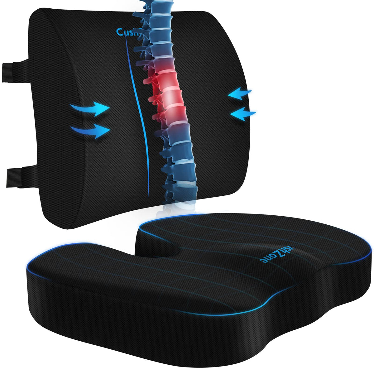 CushZone Seat Cushion and Lumbar Support Pillow for Office Chair, Black