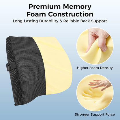 Lumbar Support Pillow for Car & Office Chair - High-Density Memory Foam Back Cushion for Sciatica & Lower Back Pain Relief - Non-Slip Support for Driving & Desk Workers