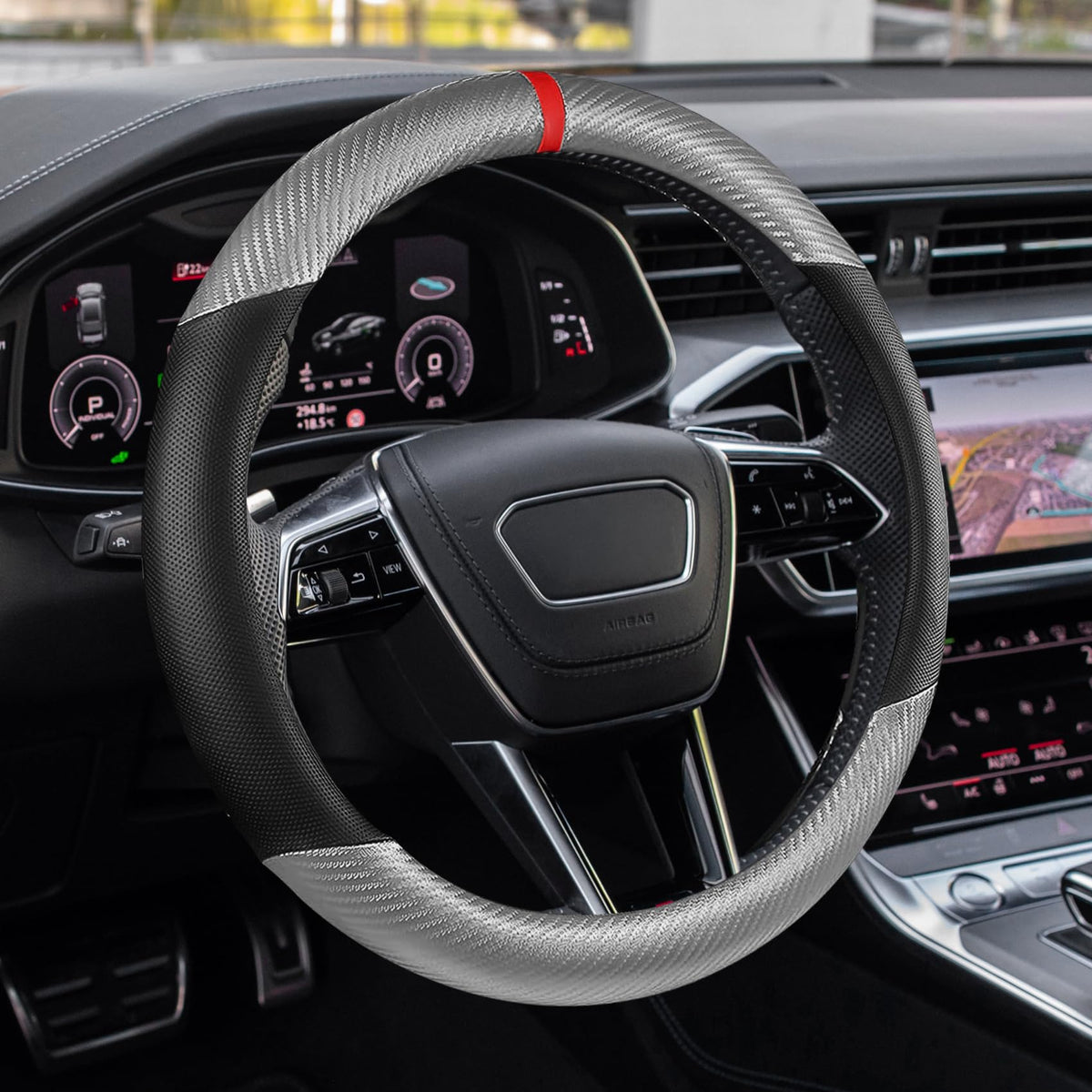 Car Steering Wheel Cover, Steering Wheel Accessories, 15 Inch Microfiber Leather Carbon Fiber Soft Anti-Slip Breathable, Car Accessories Elastic Non-Slip Cover for Most Vehicles